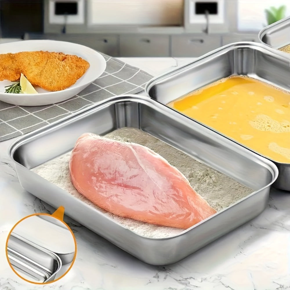 Breading Pan Set 3pcs, Stainless Steel Crumb Tray for Chicken Breading, Fish Coating and Meat Marinating, Oven Safe Food Prep Tray, Easy to Clean Breading Station for Kitchen Cooking