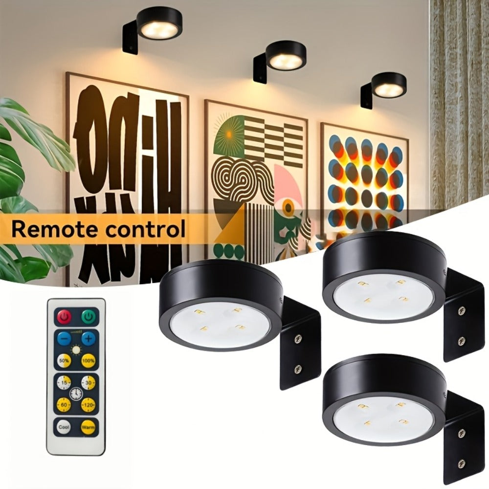 Battery Operated Picture Lights 3-Pack, Magnetic Painting Light with Remote & Timer, 3 Lighting Modes Dimmable Wireless Wall Puck Lights for Art Frames Portraits ¨C Black