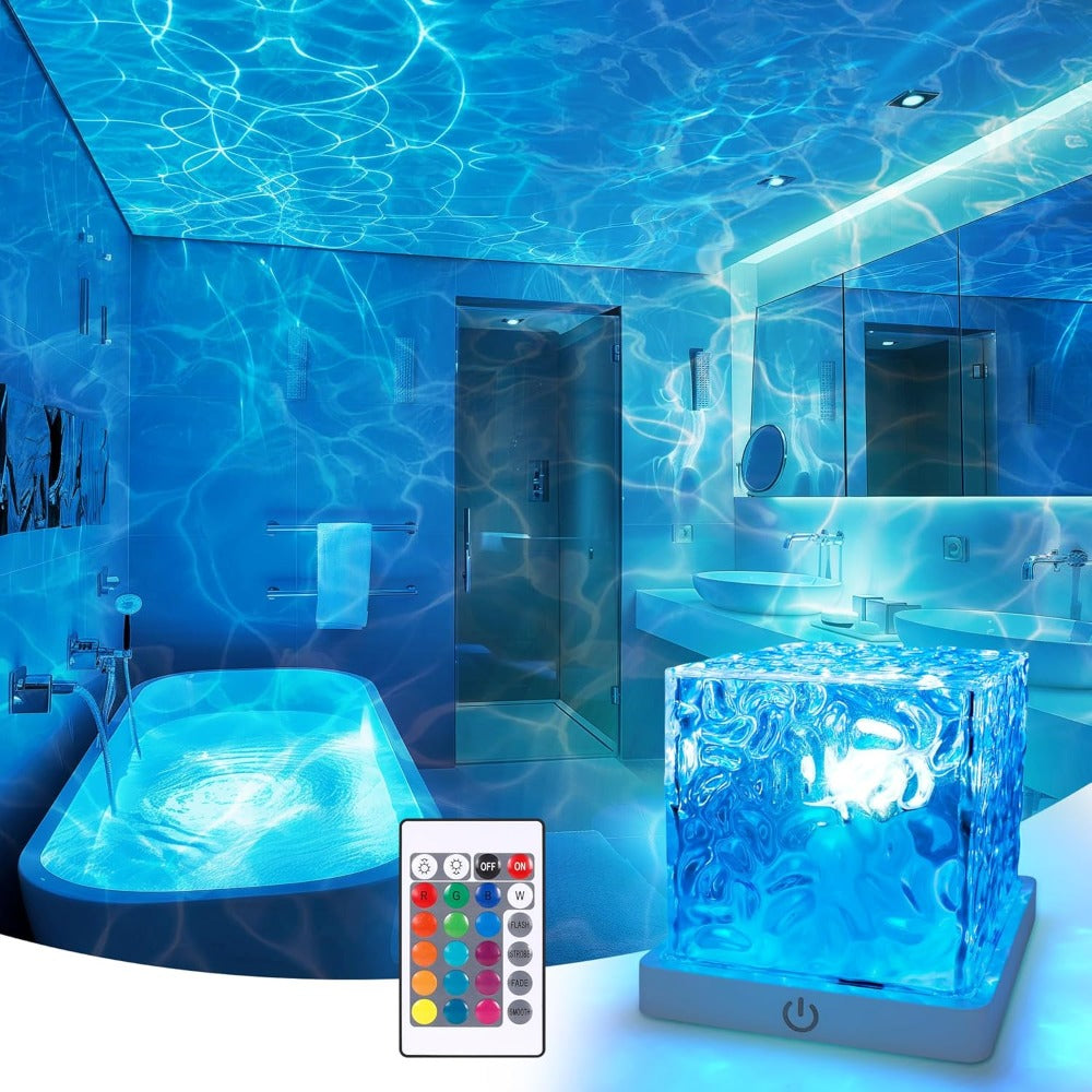 RGB Night Light Rechargeable 16-Color Ocean Wave Projection Lamp - Rotating Flame Water Ripple Remote Dimming for Bedroom Bar Restaurant Display Cabinet Decor