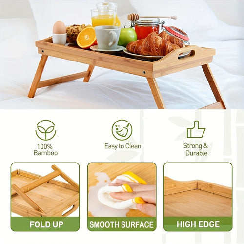 Bamboo Breakfast Tray with Folding Legs & Handles 2 Pack ¨C Extra Wide Foldable Bed Tray Table for Eating, Working & Drawing on Sofa or Bed, Food-Safe Natural Bamboo with 10 Paper Plates