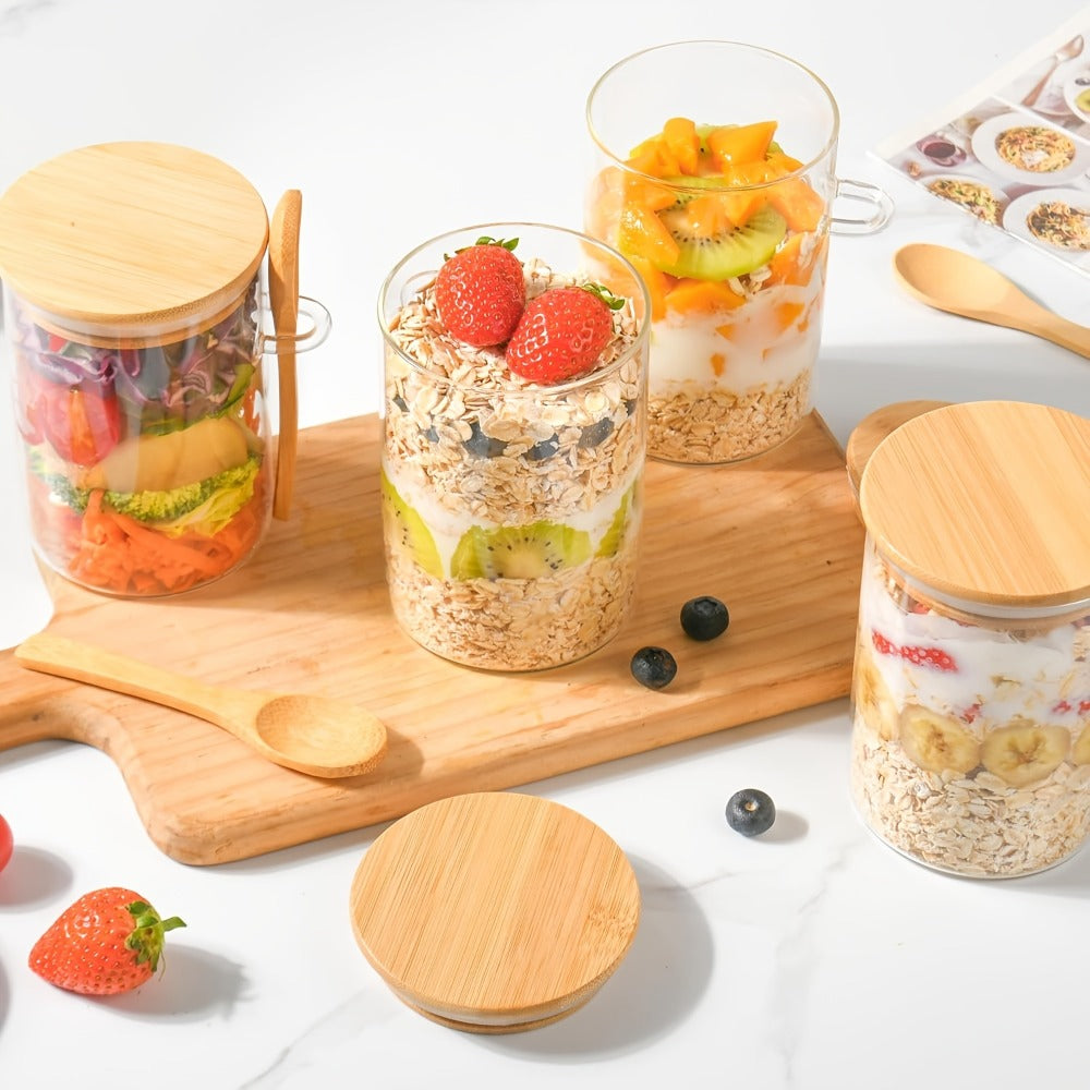 Overnight Oats Jars with Bamboo Lids & Spoons, 500ml Glass Meal Prep Containers ¡ª Dessert Bowl Set for Chia Pudding, Salad, Cereal, Yogurt & Sourdough Starter | 4 or 6 Pack