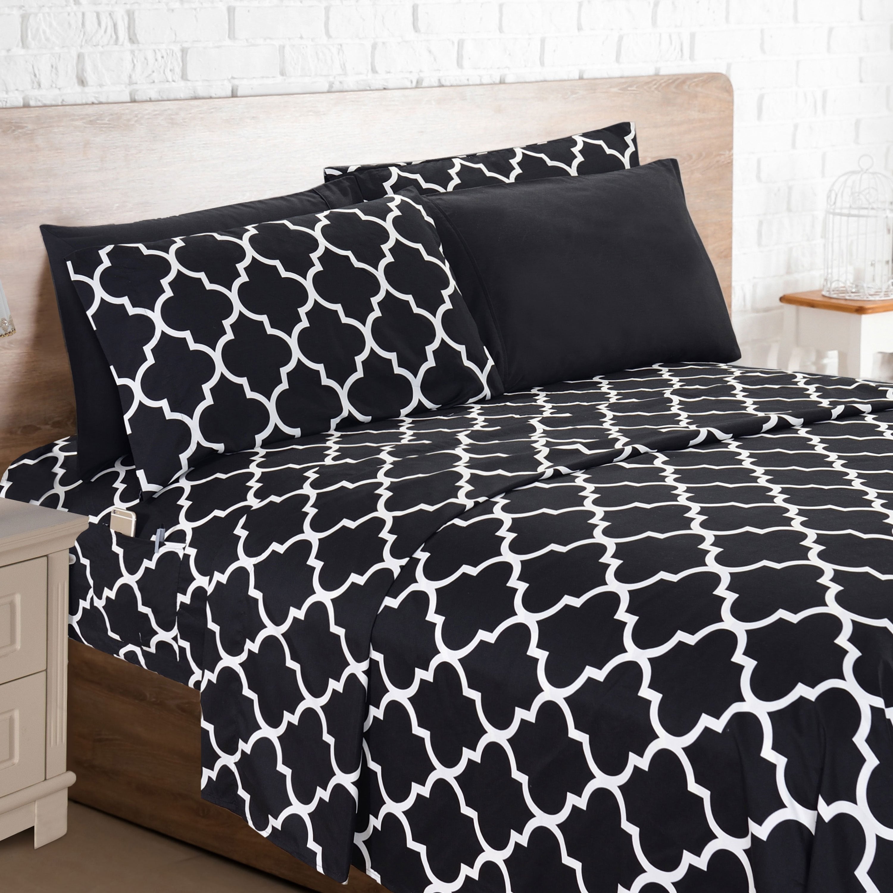 Bed Sheet Set 6-Piece Geometric Trellis, Ultra Soft Microfiber Sheets with 16-Inch Deep Pocket Fitted Sheet, Fade & Wrinkle Resistant, Machine Washable Hotel Quality Bedding for Twin Full Queen King