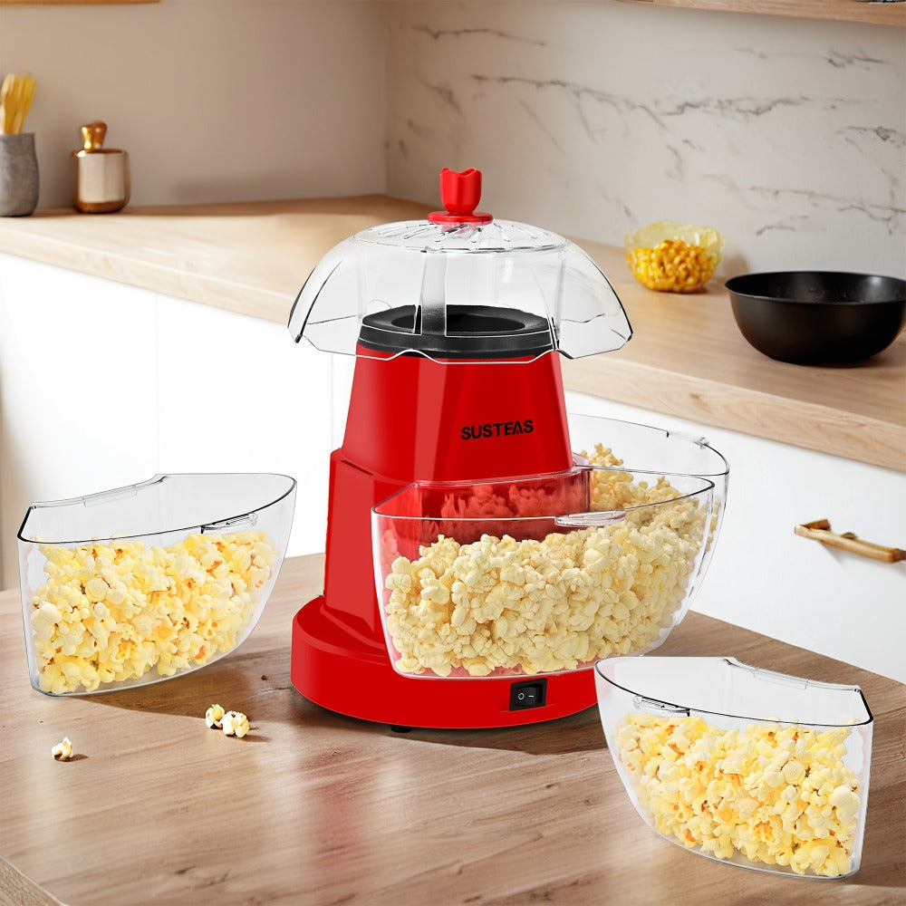 Hot Air Popcorn Maker with 4 Bowls ¨C Oil-Free Electric Popcorn Machine 95% Pop Rate Ready in 3 Min | Portable Popcorn Popper for Movie Night Family Gatherings Parties Home Theater Kitchen Use Red