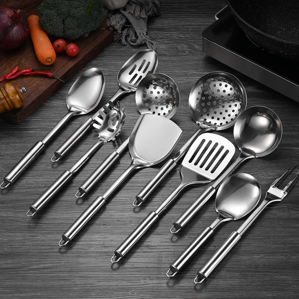 Stainless Steel Cooking Utensil Set 9 Piece for Nonstick Cookware ¨C 304 Grade, Heat Resistant Ergonomic Handles, Dishwasher Safe, Space Saving Kitchen Tools with Hanging Holes for Home & Professional Chefs