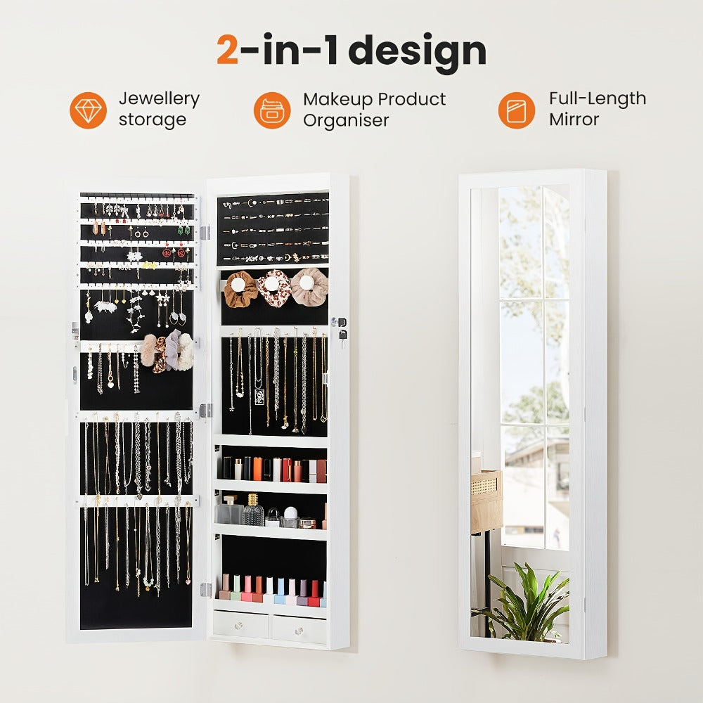 Jewelry Armoire Floor Standing 47.2¡± Full-Length Mirror Cabinet with 6 LED Lights Dual Lock, Jewelry Organizer for Necklaces Earrings Rings Bracelets, Bedroom Closet Storage 4 Colors