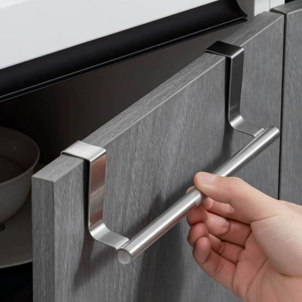 Cabinet Door Towel Bar Stainless Steel 2pcs Set - Over the Door Hand Towel Hanger Rack No Drilling | Black Silver | Kitchen Bathroom Cupboard Dishcloth Organizer Bathroom Accessories