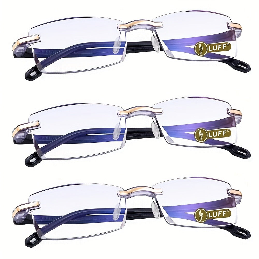 Rimless Reading Glasses for Women 3 Pack - Blue Light Blocking Lightweight Metal Frameless Readers with Anti Eyestrain Lenses, Multiple Colors and Magnifications 1.0X to 4.0X