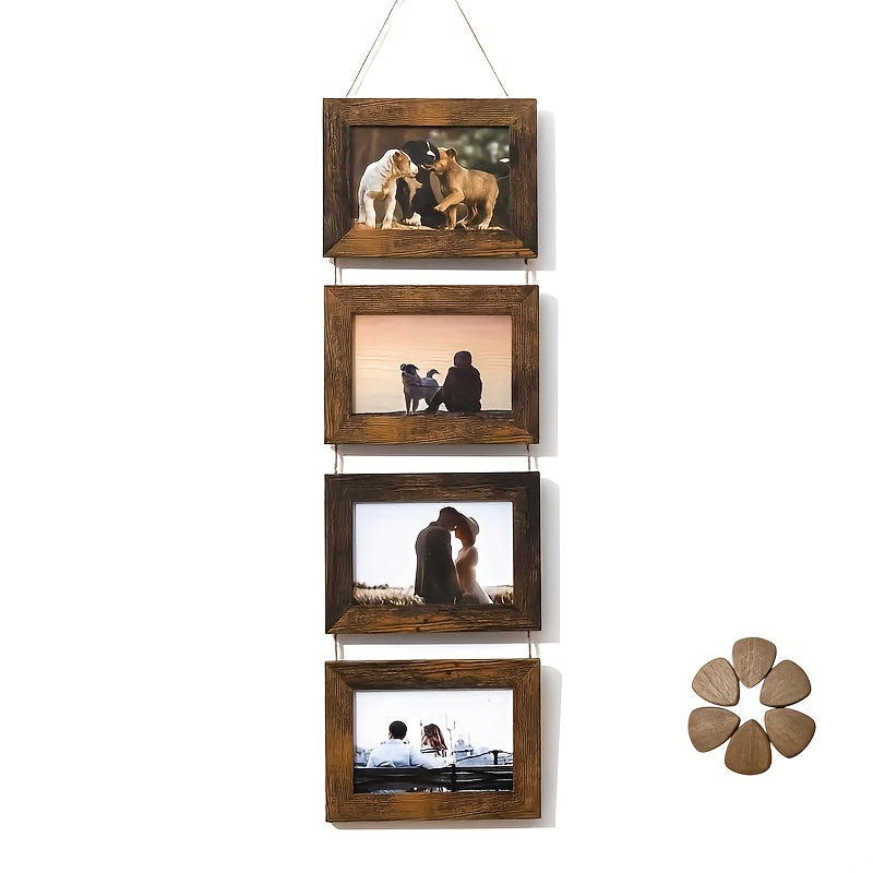 Picture Frame Set 4pcs Wooden Glass 4x6 with Flip-Top Display ¨C Collage Photo Frames for Wall & Desktop, Interchangeable Mat, Home Decor Room Aesthetic ¨C Wedding, Housewarming & Holiday Gift (White/Brown)