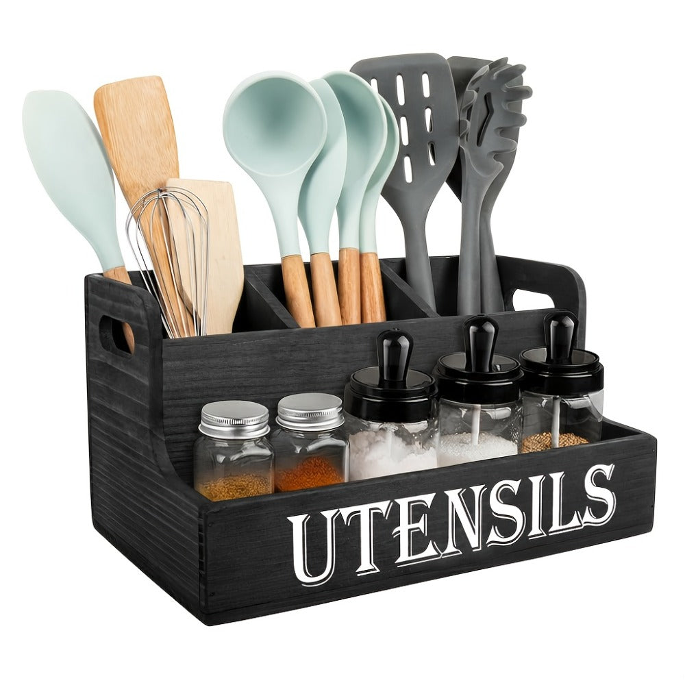 Kitchen Utensil Organizer Extra Large 4 Compartments Wooden Countertop Crock Farmhouse Rustic Cooking Utensil Holder for Kitchen in White and Black