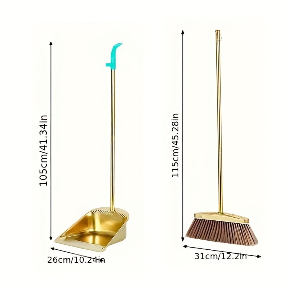 Broom and Dustpan Set Premium Golden Stainless Steel Extra Long Handle Microfiber Bristles V-Shape Leakproof Dustpan Heavy Duty Indoor Outdoor Sweeper for Kitchen Patio Hardwood Tile Floor