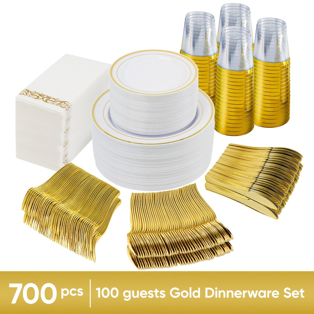 Disposable Party Dinnerware Set 350 700 Pieces Gold Silver Plastic Plates Salad Plates Cutlery Cups Napkins for 50 100 Guests Wedding Birthday Graduation Party