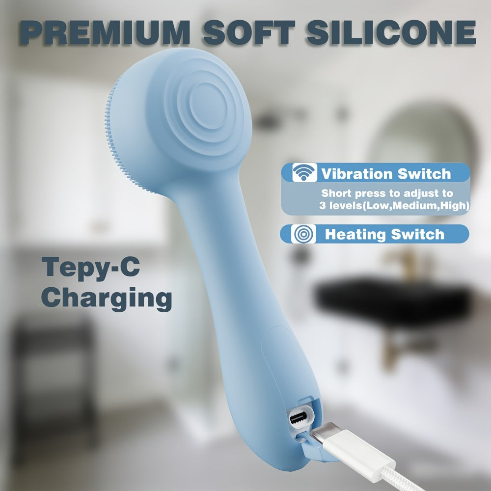 Silicone Facial Cleansing Brush Electric Face Scrubber 12000 Vibrations IPX7 Waterproof USB Rechargeable Heat Massage Deep Pore Cleansing Exfoliator for Sensitive Skin Blue Black Rose Red Pink