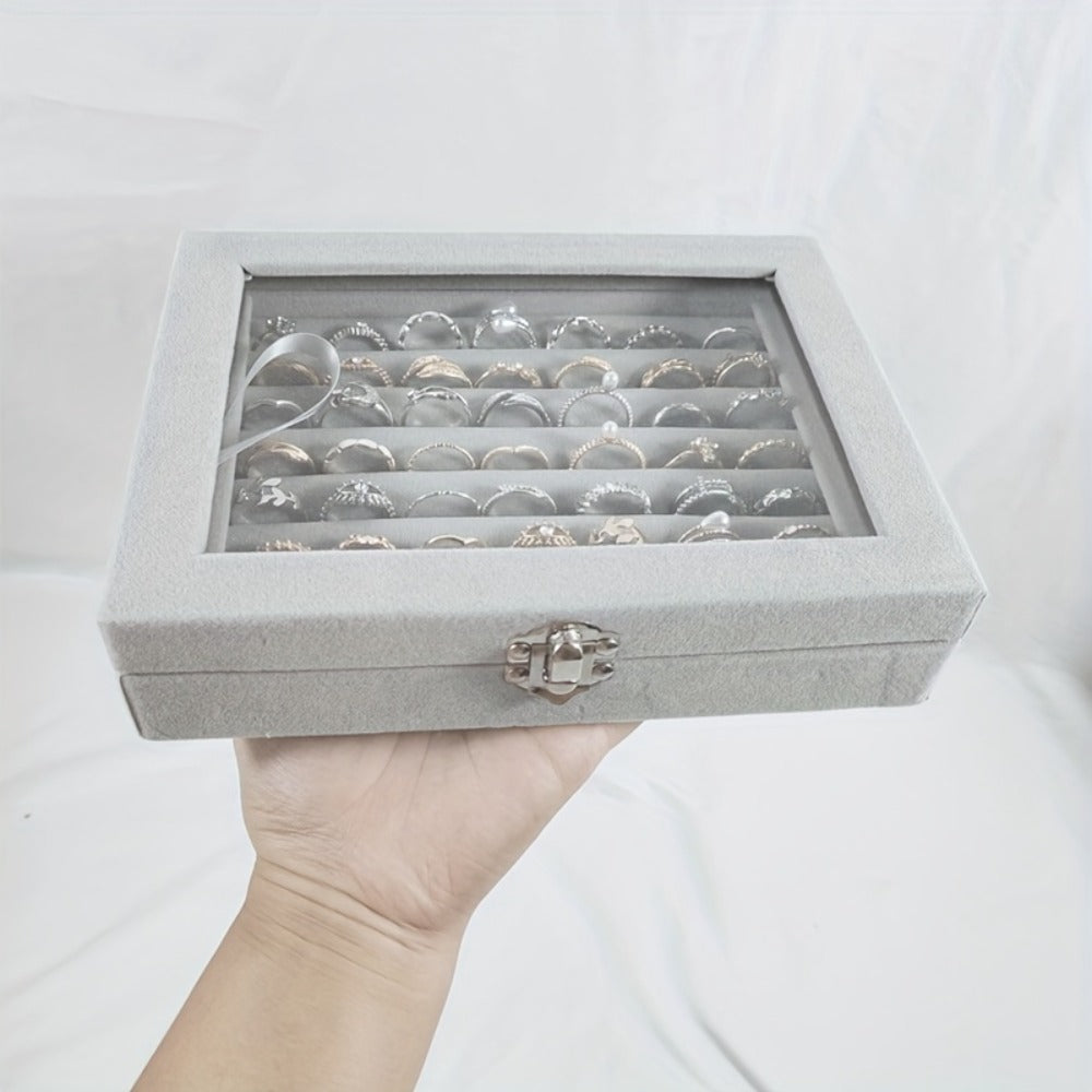 Jewelry Box with Locking Lid ¨C 49-Ring Capacity Glass-Like Plastic Ring & Earring Organizer, Large Rectangular Storage Case, Waterproof Anti-Tarnish, 4 Colors, Holiday Gift