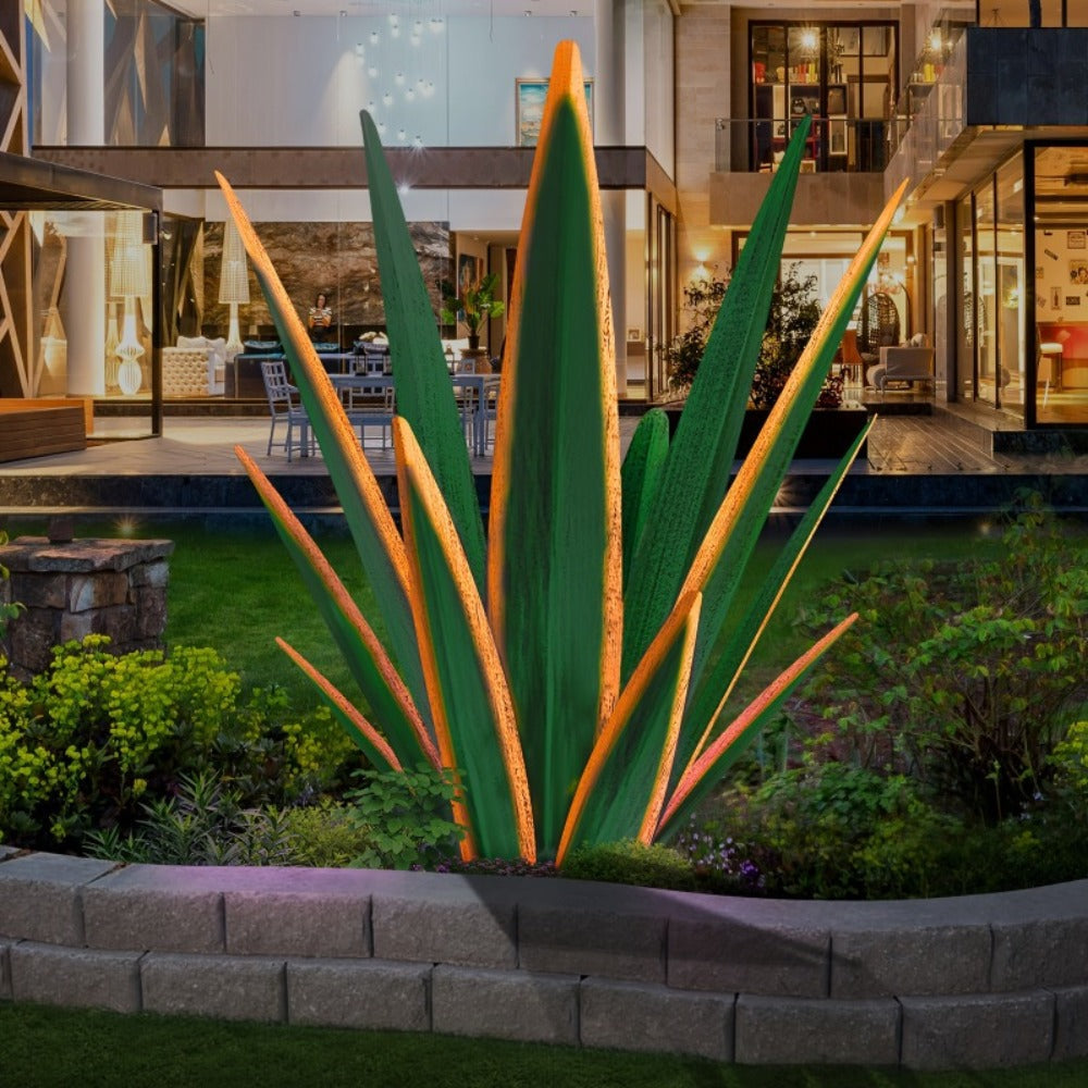Solar Powered Agave Metal Sculpture Garden Statue - Hand-Painted Rustic Agave Figurine with LED Light & Remote Control, Indoor Outdoor Lawn Yard Courtyard Decor, Holiday Garden Art Gift