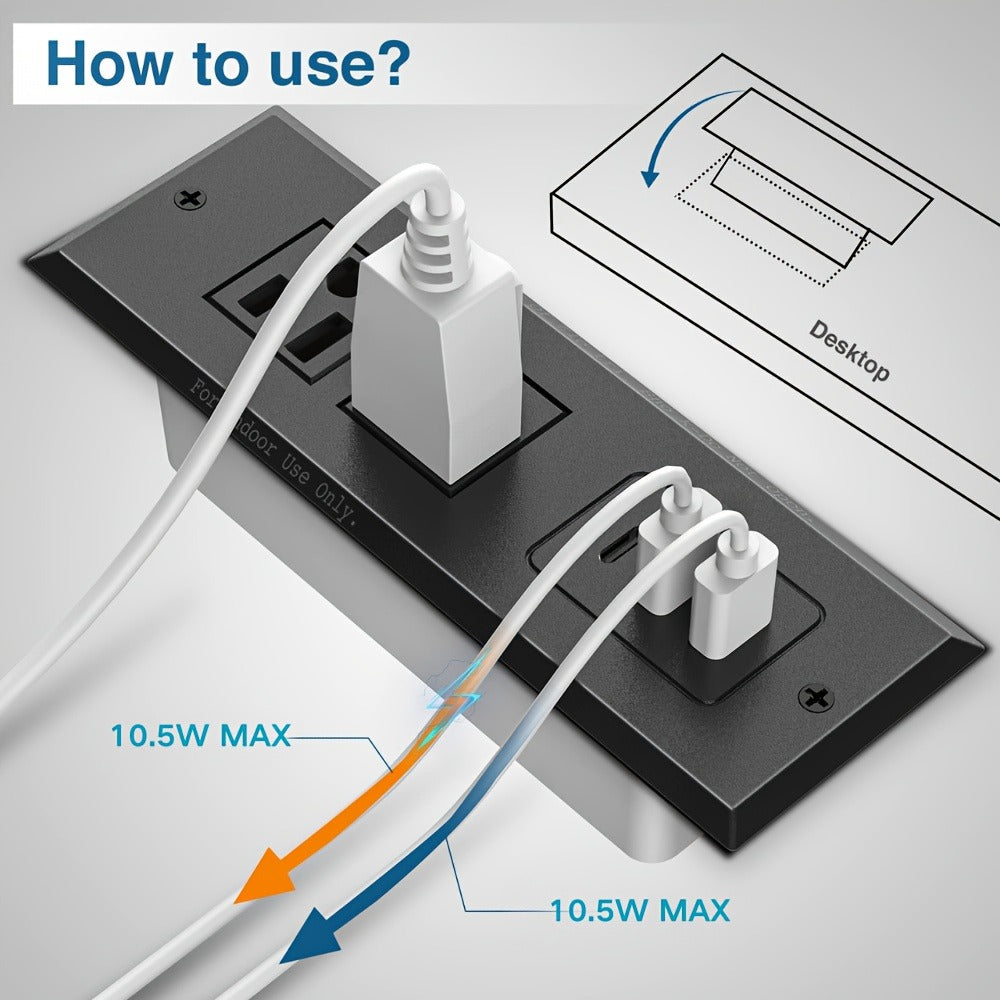Recessed Power Strip Flush Mount Desk Outlet with USB-C & USB-A Ports In-Desk Power Grommet for Conference Room Office Table Furniture 1.5m Cord