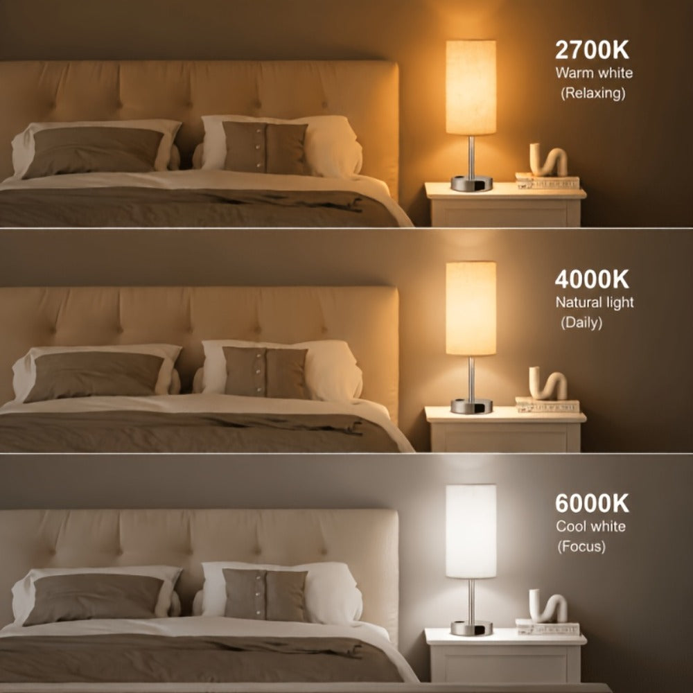 Dimmable Table Lamp with USB Charging Ports & AC Outlet - 3-Way Touch Control Bedside Nightstand Lamp, 6W LED Bulb Included, Wood & Metal Base, Modern Desk Light for Bedroom, Living Room & Office (1 or 2 Pack)