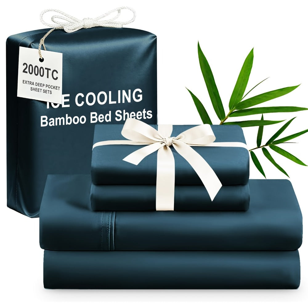 Bamboo Cooling Bed Sheet Set 4pcs Extra Deep Pocket Breathable Fitted Sheet Flat Sheet Pillowcases for Hot Sleepers Twin Full Queen King