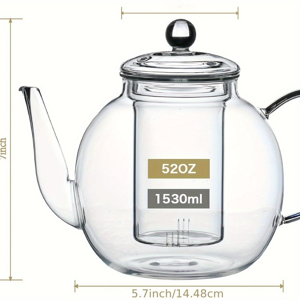Glass Teapot with Removable Infuser 51oz Borosilicate Clear Tea Kettle Stovetop Safe for Loose Leaf Blooming Herbal & Flower Tea ¨C 1530ml Tea Pot with Optional Teacup Set