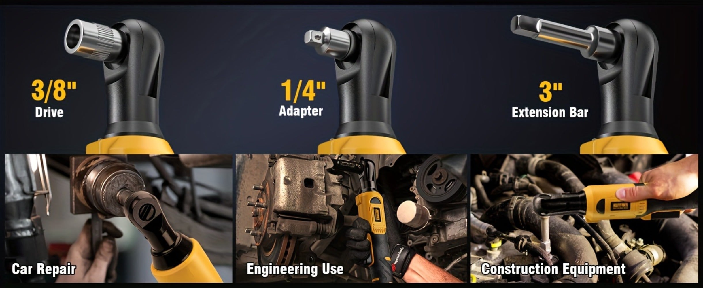 Cordless Ratchet Wrench Set 3/8 Inch 60FT-LBS 80Nm Electric Ratchet 2x20V Rechargeable Variable Speed LED Light 6 Sockets 1/4 Adapter 3 Inch Extension Rod Yellow