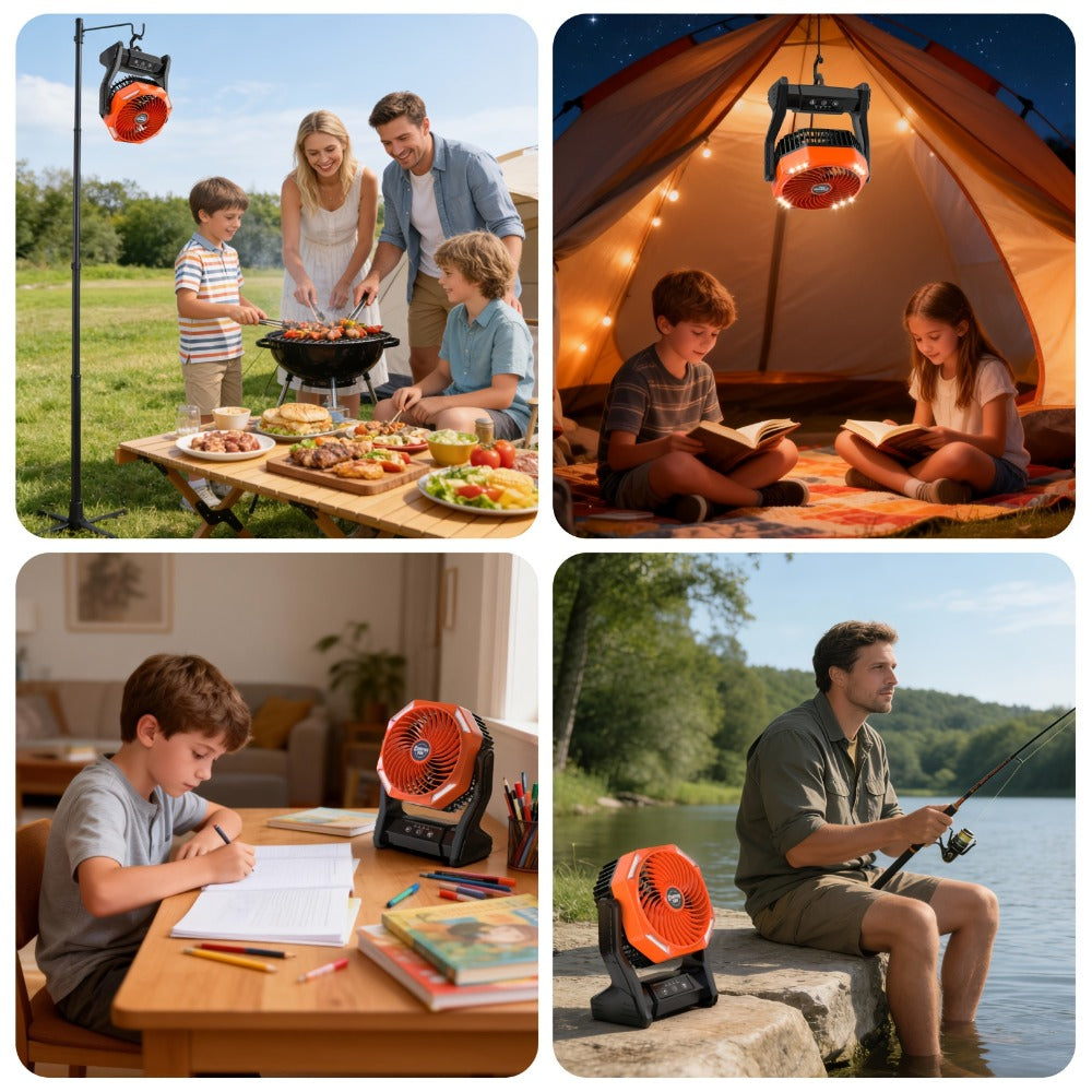 Camping Fan 20000mAh with LED Light and Brushless Motor, 4-Speed 180¡ã Oscillating Portable Outdoor Fan, 22-26H Long Runtime Anti-Slip Base, 3-in-1 Table Fan for Camping, Hiking, Picnic and Emergency