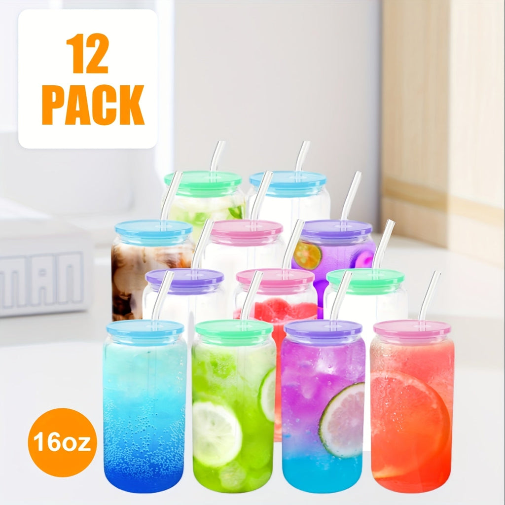 Frosted Sublimation Glass Tumblers 16oz Borosilicate Can Cups with Acrylic Lids ¨C Set of 8 or 12 for Juice, Soda & Iced Coffee
