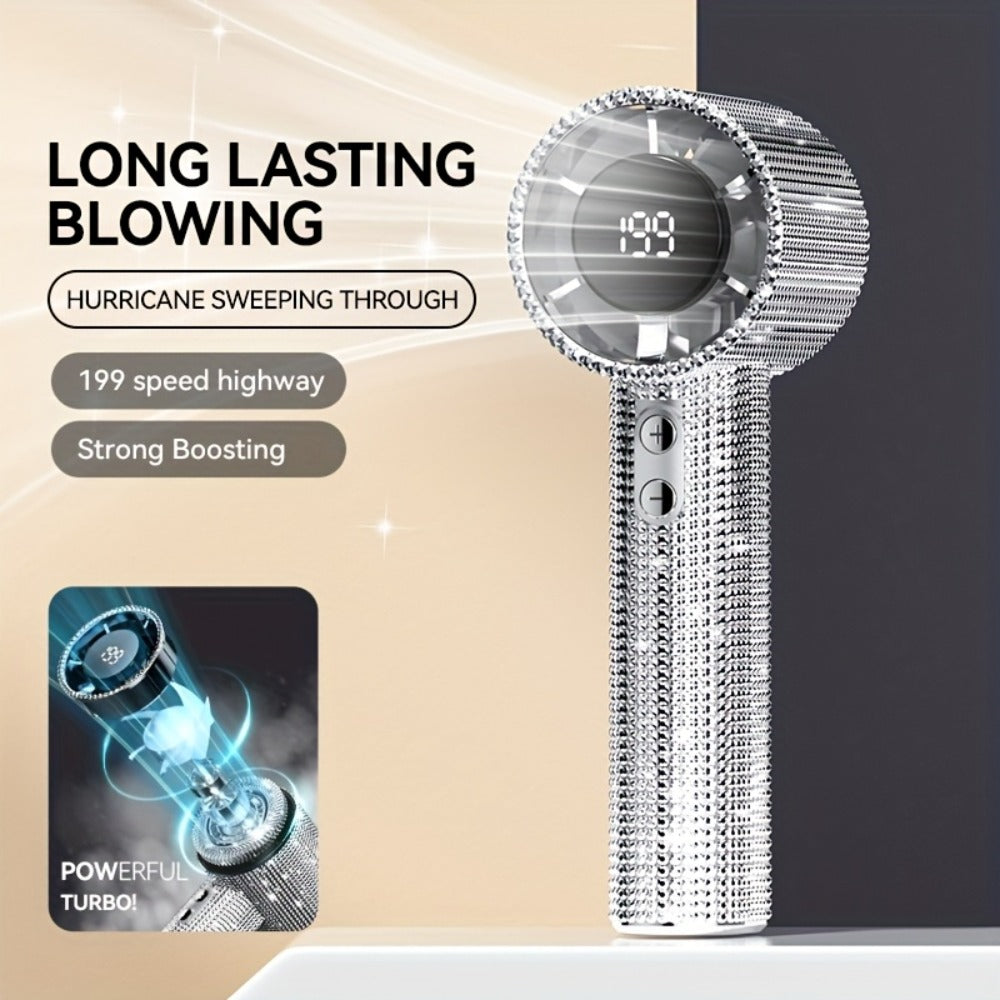 Diamond Handheld Mini Fan USB-C Rechargeable | Luxury Full Diamond Turbo Fan with Adjustable Speed, Quiet Operation & Gift Box Packaging ¨C Portable Personal Cooling Fan for Women, Summer Gift Idea