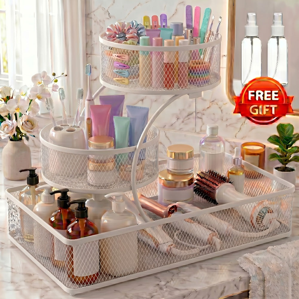 Bathroom Storage Rack 3-Tier Metal Countertop Organizer with Spray Bottle & Hooks ¨C Rust-Resistant Diamond Mesh Shelf for Vanity, Skincare, Cosmetics & Toiletries