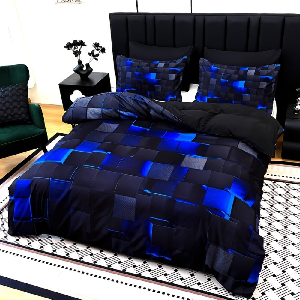 Duvet Cover Set 3 Piece Plaid Digital Print Polyester Bedding All Season Twin Full Queen King Size with Pillowcases Purple Blue Red