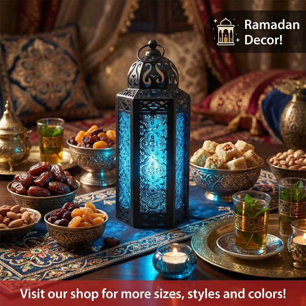 Moroccan Candle Lantern Holder - Decorative Metal & Glass Lantern with Embossed Floral Design for Indoor Home Decor, Garden, Patio, Weddings, Ramadan, Halloween & Holiday Celebrations - 10.5¡± Tall Medium Size