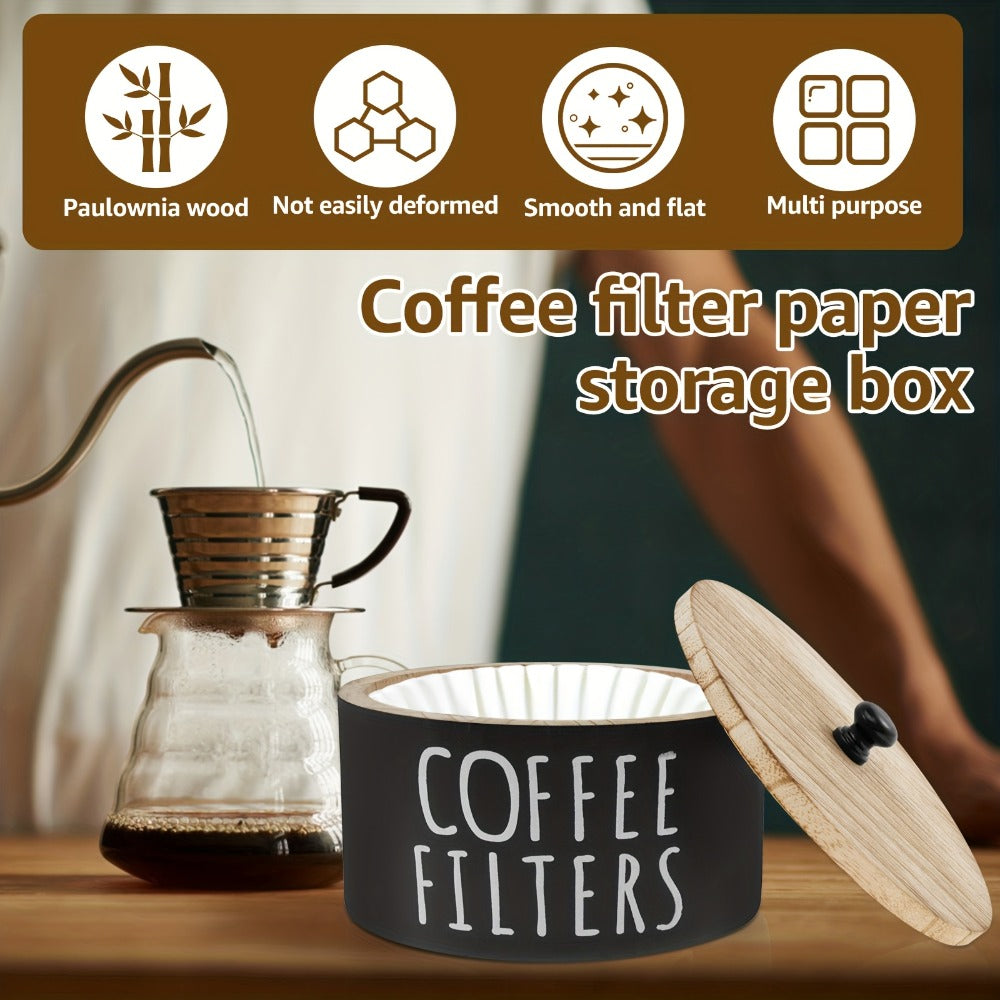 Wooden Coffee Filter Holder with Lid ¨C Large Capacity Rustic Round Organizer Dispenser for Coffee Filters & Tea Bags, Bamboo Lid, Kitchen Countertop Coffee Bar Decor
