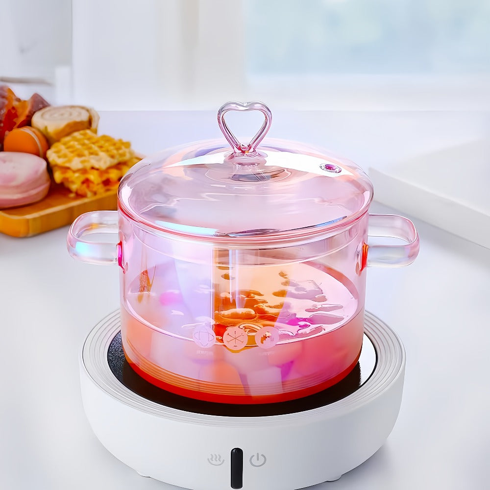 Pink Glass Cooking Pot with Heart-Shaped Lid 1500ml - Multifunctional Boiling Stewing Pot for Pasta Soup Congee Noodles Compatible with Electric Ceramic Stove (Pink)