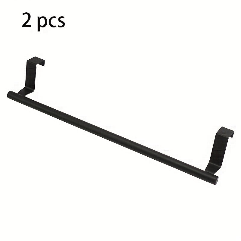 Cabinet Door Towel Bar Stainless Steel 2pcs Set - Over the Door Hand Towel Hanger Rack No Drilling | Black Silver | Kitchen Bathroom Cupboard Dishcloth Organizer Bathroom Accessories