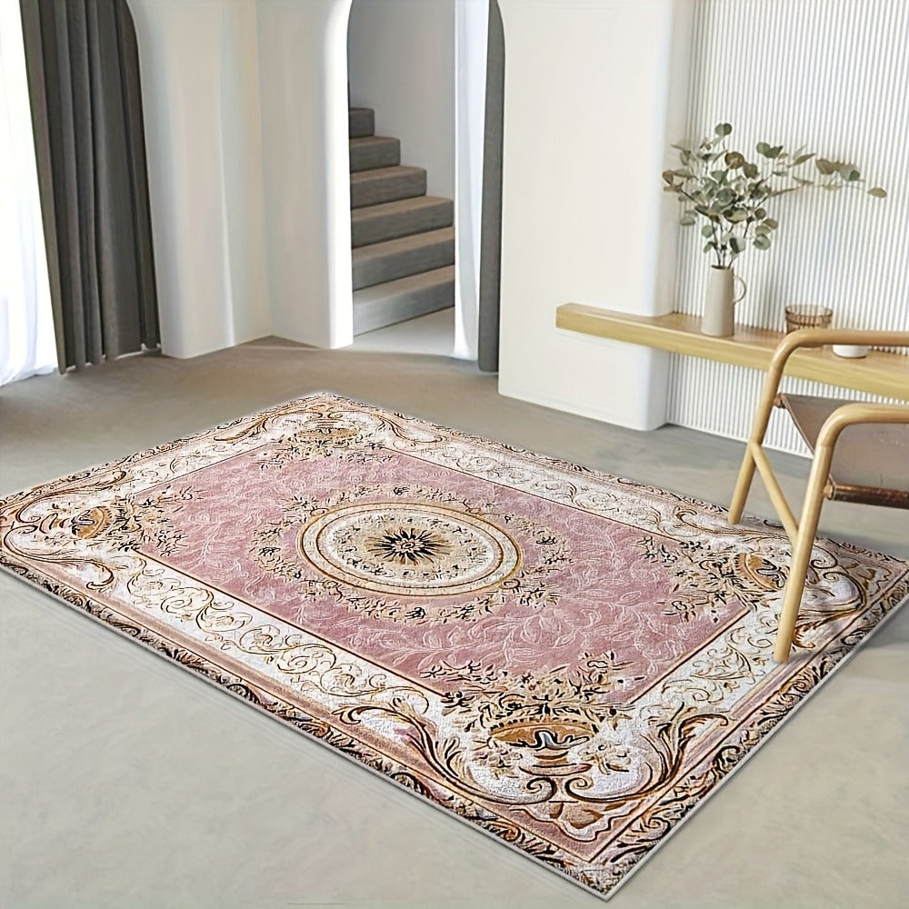 Luxury Velvet Area Rug 852 GSM Machine Washable Low-Pile Floral Checkered Non-Slip Polyester Carpet for Bedroom Living Room Dining Room Office Vintage Elegant Home Decor