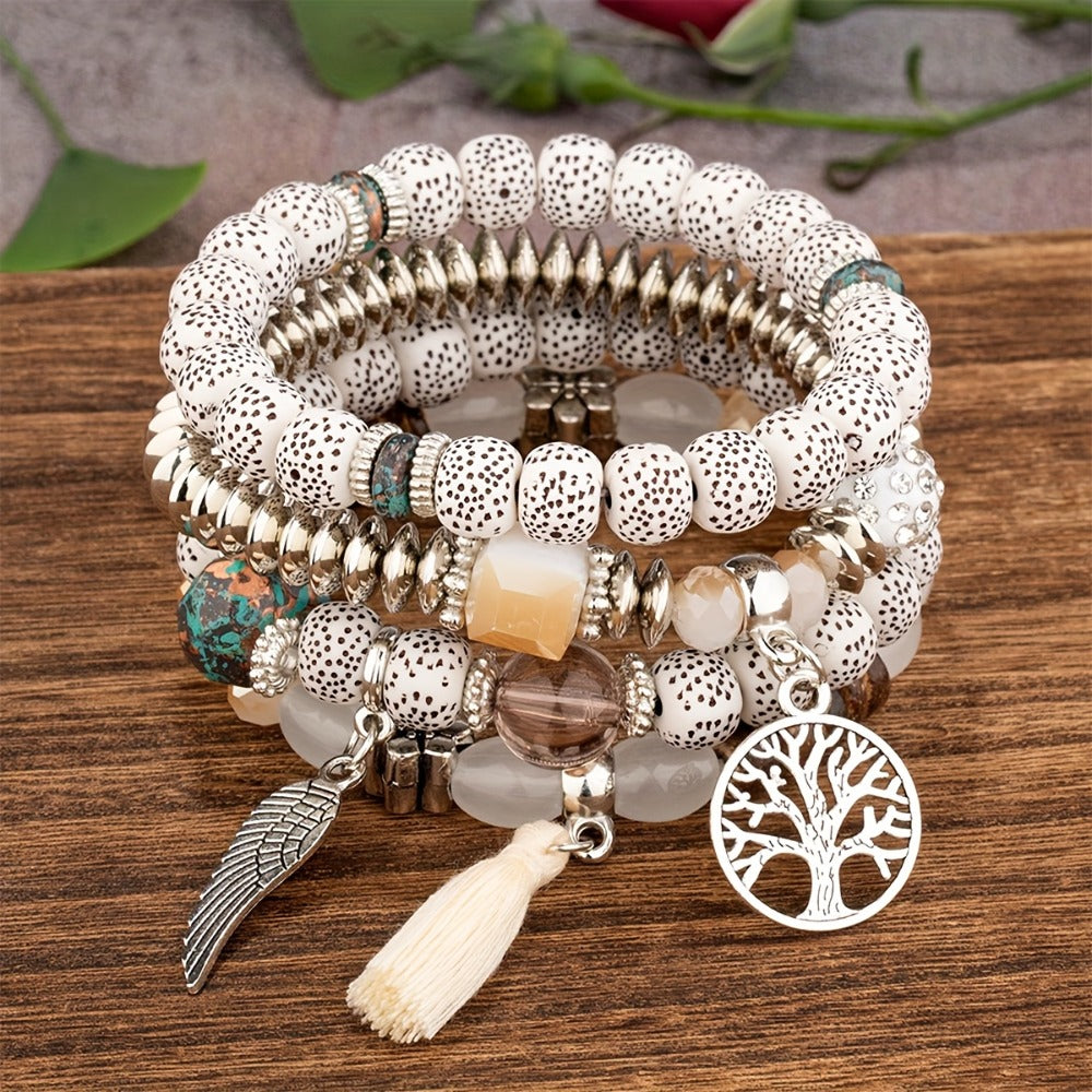 Bohemian Beaded Bracelet Set 24pcs ¨C Multi-Layer Wooden Bead Elastic Bracelets with Butterfly Elephant Tree Pendant, Handmade Colorful Tassel Wristbands for Women Men, Party Gift & Daily Wear