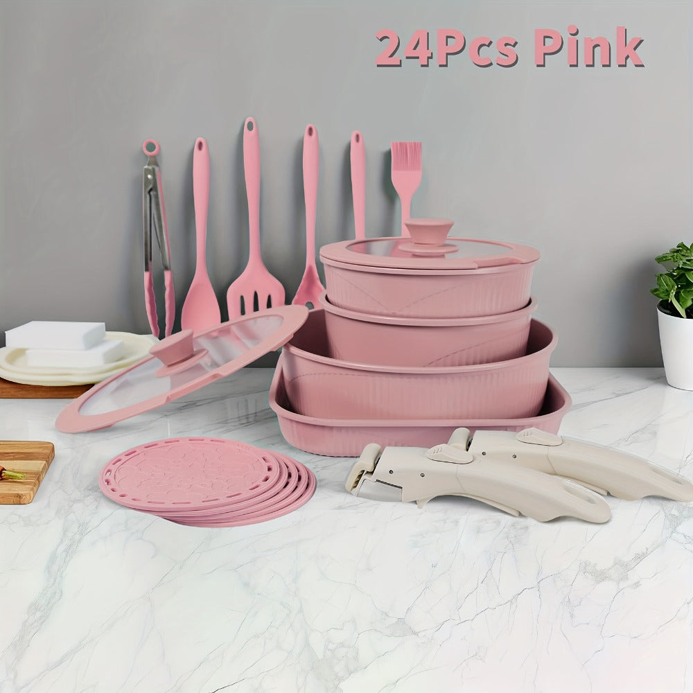 Nonstick Cookware Set 5/7/24 Piece Induction Ready with Detachable Handles ¨C Stackable Pots & Pans Set Includes Skillet Frying Pan Soup Pot Steak Pan for Home RV Kitchen, Multiple Colors