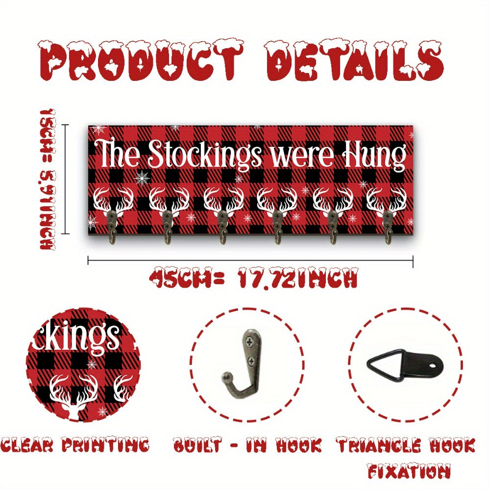 Christmas Stocking Holder with 6 Hooks ¨C Wooden Sign Wall Rack with Snowflake Design & ¡±The Stockings Were Hung¡± Quote, Santa Claus Mantel Hanger for Holiday Fireplace Decor