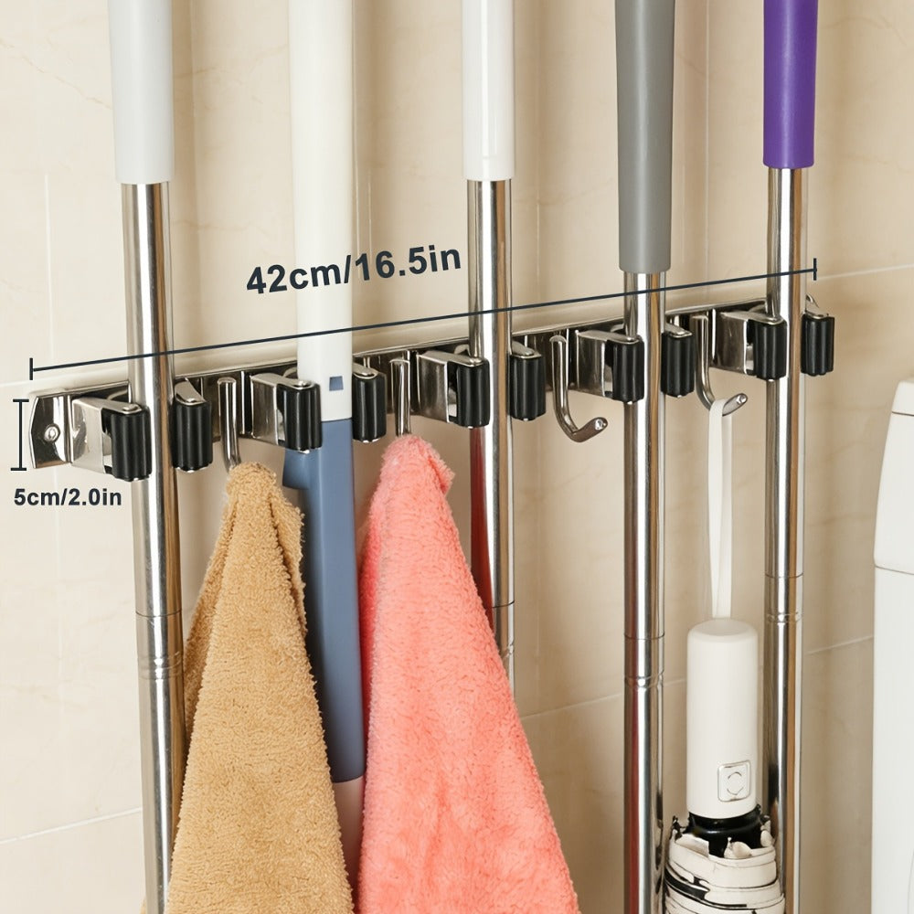 Mop and Broom Holder Wall Mount ¨C Stainless Steel Heavy Duty Self Adhesive Rack with 5 Slots & 4 Hooks, No-Drill Storage Organizer for Kitchen Garage Laundry Garden Home
