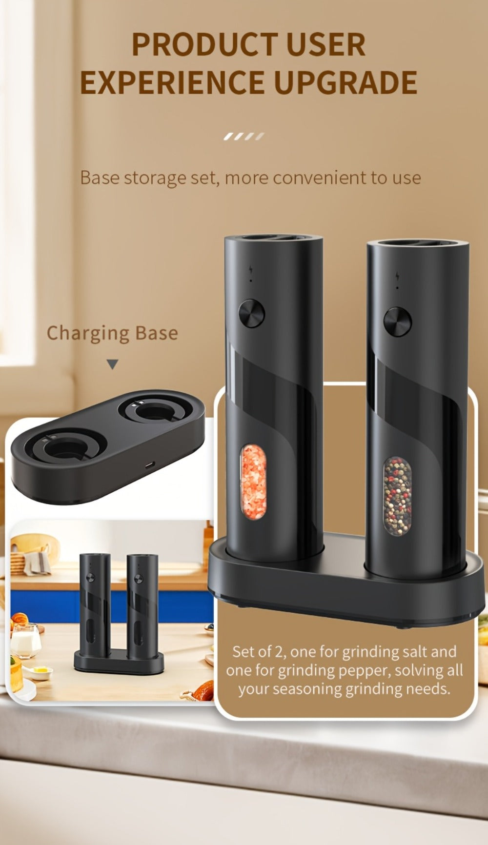 Electric Salt and Pepper Grinder Set ¨C Rechargeable Automatic Mills with LED Light, Adjustable Coarseness & 3.72oz Capacity for Home Kitchen, BBQ, Restaurant & Outdoor Entertaining