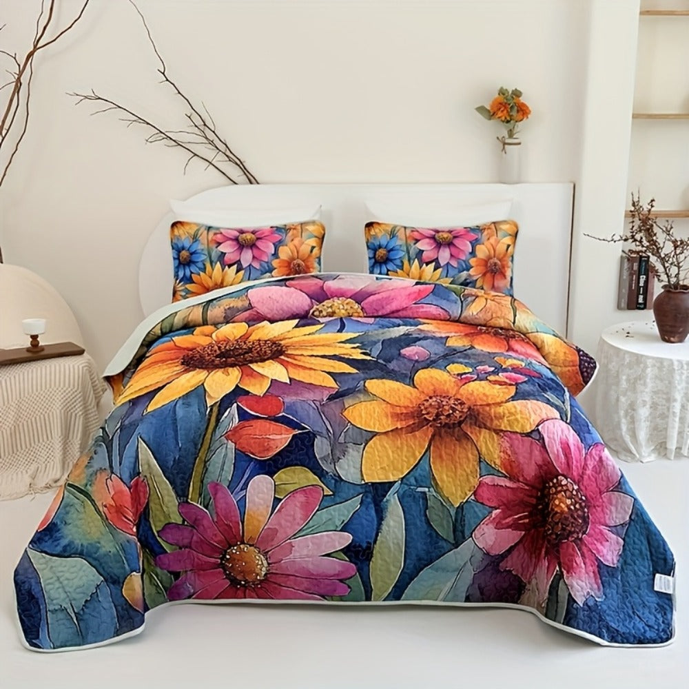 Comforter Set 2 3 Piece Colorful Floral Print Quilt with Pillowcases, Soft Breathable Hypoallergenic Machine Washable Quilted Bed Cover for Twin Full Queen King, Boho Flower Bedding Room Decor