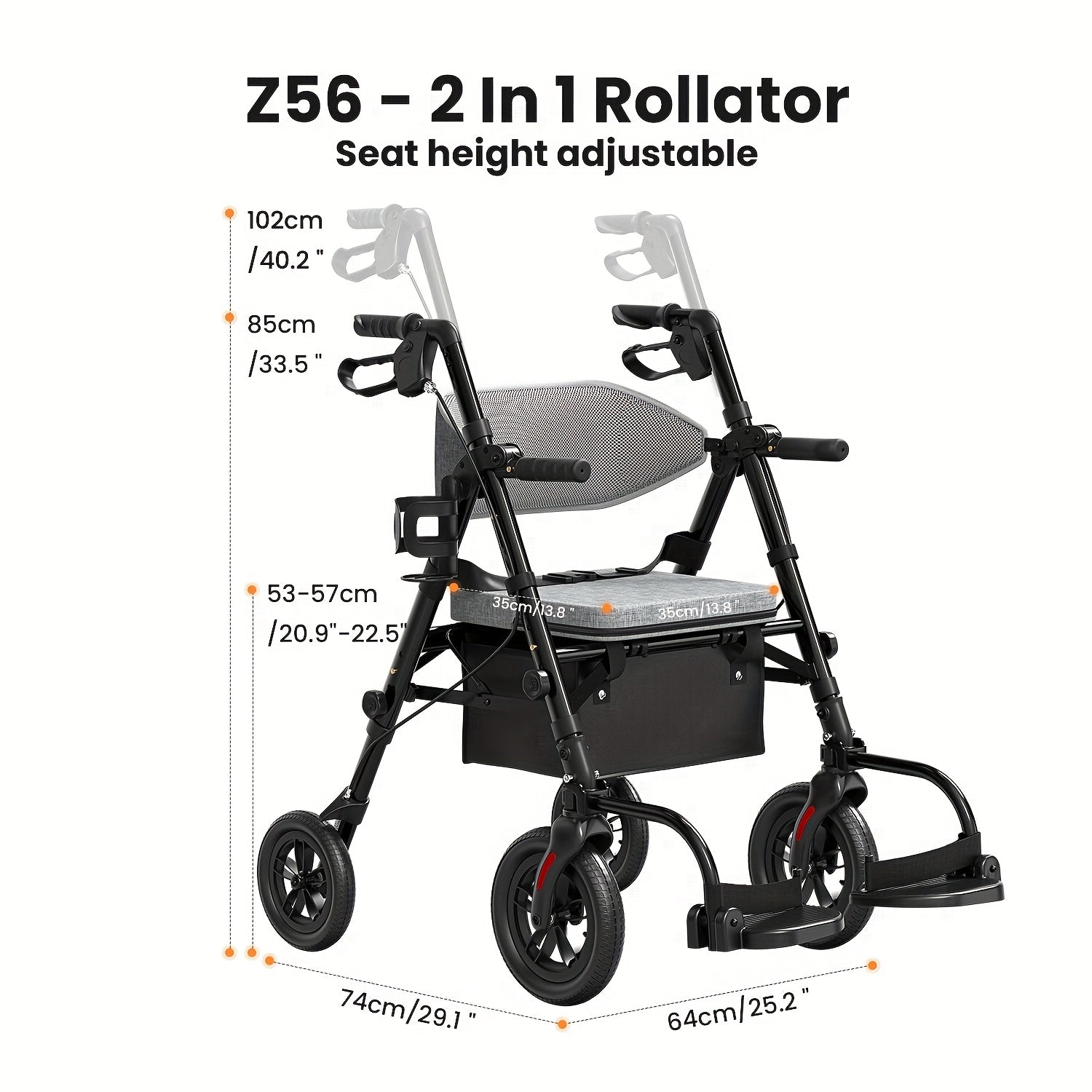Rollator Walker for Seniors Foldable with 8-Inch Big Wheels, Durable Aluminum All-Terrain Rolling Walker with Ergonomic Backrest & Dual Adjustable Height, Upright Walker Option Available for Elderly