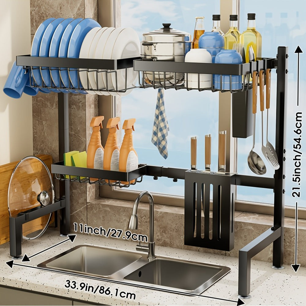 Over-the-Sink Dish Drying Rack Expandable 2-Tier 304 Stainless Steel Adjustable 30-34 Inch with Utensil Holder Knife Holder Cutting Board Holder and 5 Hooks for Kitchen