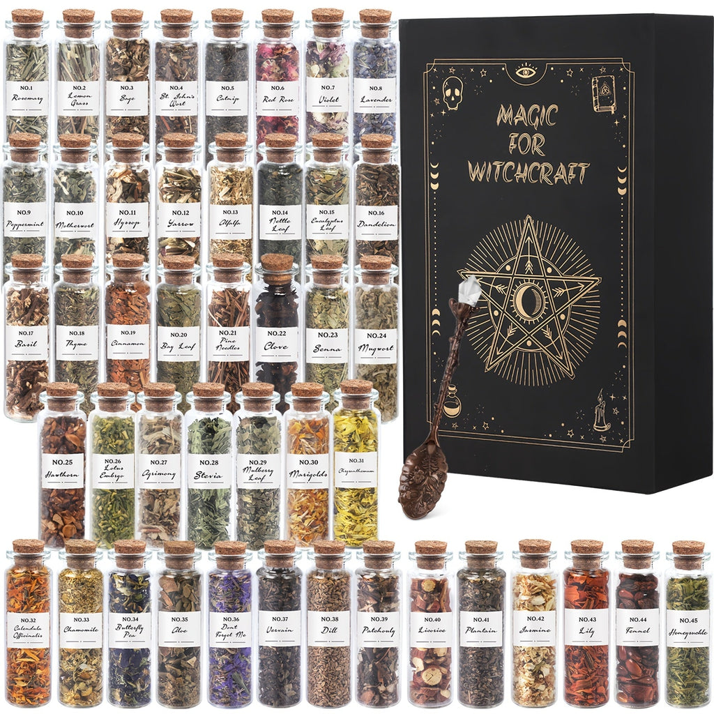 Dried Herbs Kit 45 Bottles with Crystal Spoon ¨C Altar Supplies Herb Set for Wicca, Pagan Magic, Incense Spells & Bath Rituals ¨C Beginner Witchcraft Starter Kit, Unique Gift for Mother's Day, Graduation & Weddings