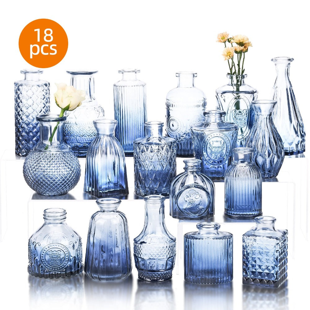 Bud Vases Set of 18 Blue Vintage Glass Small Flower Vases for Centerpieces - Rustic Farmhouse Table Decor for Home, Wedding, Halloween & Christmas | 3-6 Inch Mini Glass Vases Bulk