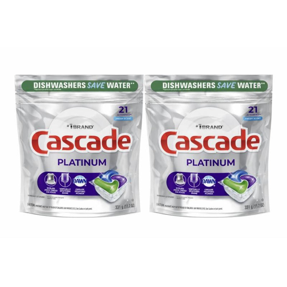 Dishwasher Pods Cascade Platinum 2 Pack ¨C Action Pacs Detergent Tabs with Rinse Aid & Shine Booster, Fresh Scent, 21 Count per Pack