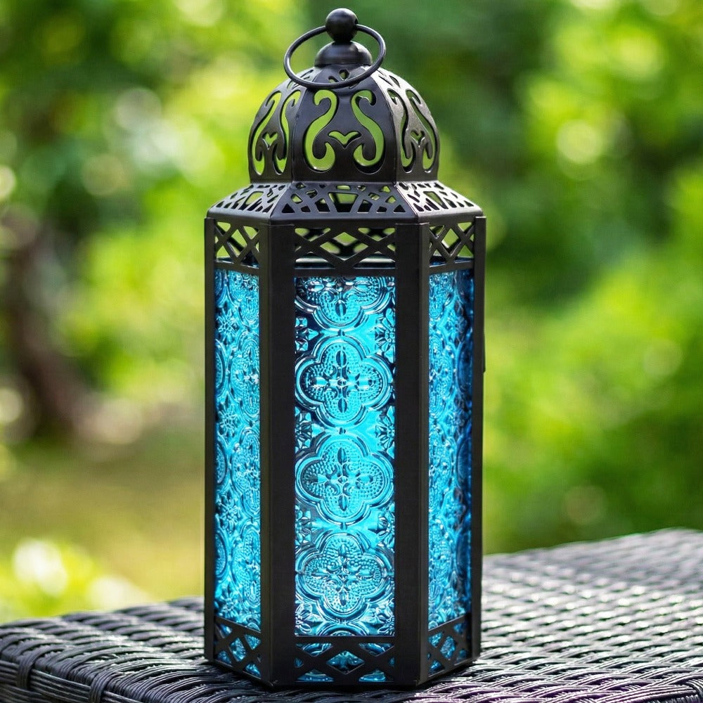 Moroccan Candle Lantern Holder - Decorative Metal & Glass Lantern with Embossed Floral Design for Indoor Home Decor, Garden, Patio, Weddings, Ramadan, Halloween & Holiday Celebrations - 10.5¡± Tall Medium Size