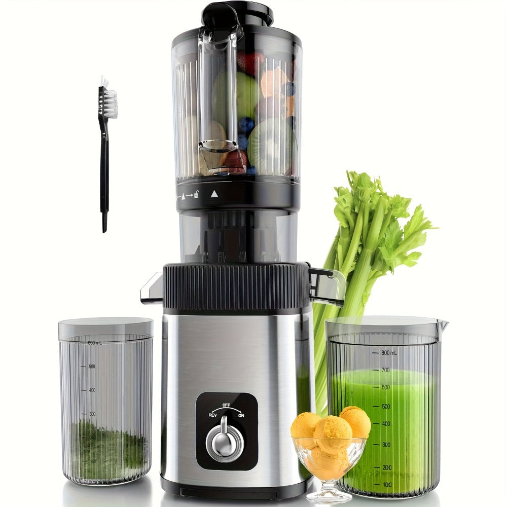 Cold Press Juicer Machine with Large Feed Chute - Slow Masticating Juicer for Whole Fruits & Vegetables, High Juice Yield, Easy to Assemble & Clean, LED Display Option, Silver, for Home & Kitchen