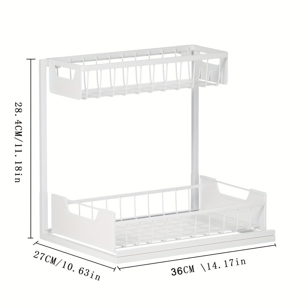 Under Sink Organizer 2-Tier Sliding Pull-Out Metal Rack Cabinet Storage for Kitchen Bathroom Refrigerator Adjustable Shelf Organizer in Black White Gray