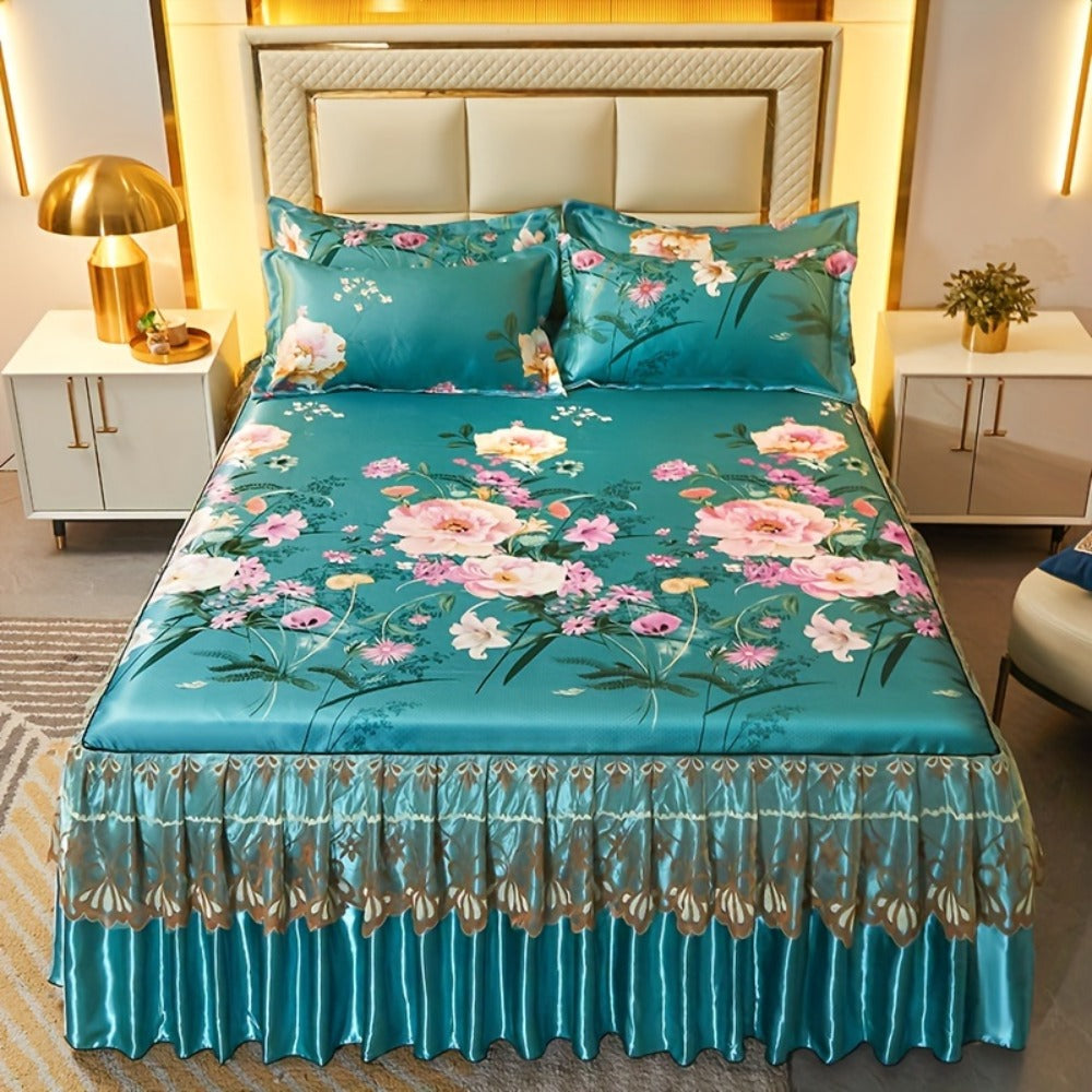 Floral Ruffle Bed Skirt Cool Mat 3 Piece Set with Pillowcase, Double Layer 360¡ã Full Wrap Washable Cooling Mattress Cover, Breathable Summer Bedding Set for Twin Full Queen King, Parisian Romantic Floral