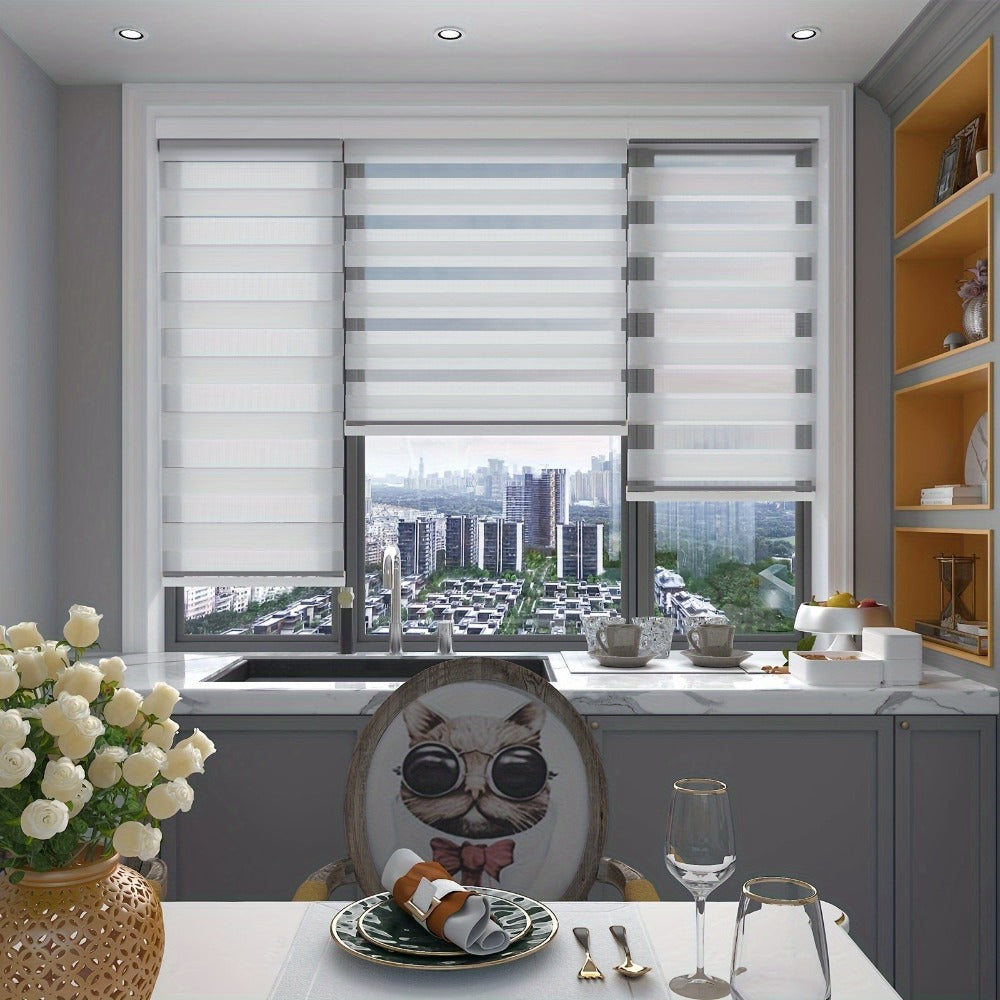 Cordless Zebra Roller Shade with Valance ¨C Day Night Window Blind, Light Filtering Dual Layer Window Treatment Mesh Opaque Fabric