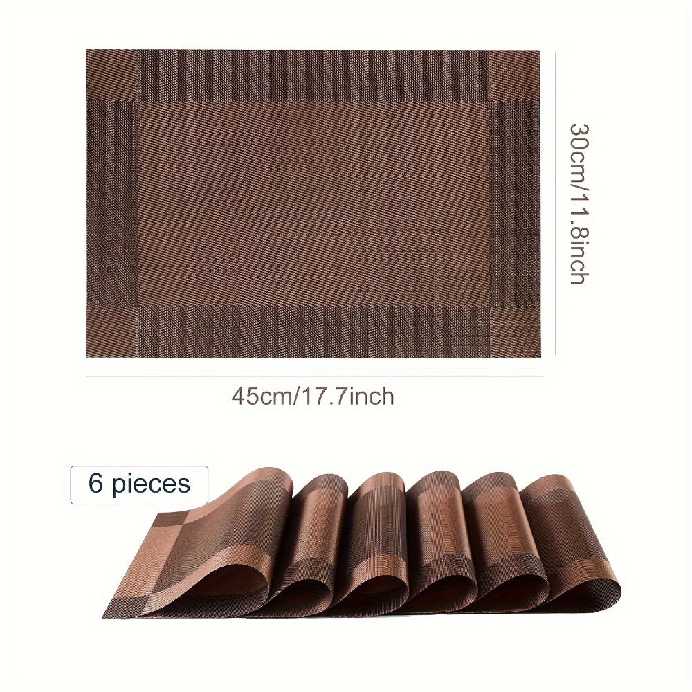 PVC Placemats Set of 6 Heat Resistant Non-Slip Washable Table Mats for Kitchen Dining Table, Easy Clean Vinyl Dinner Mats 11.8x17.7 Inch (Golden, Brown, Silver)